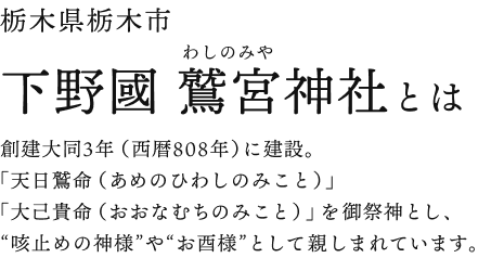 栃木県栃木市 下野國 鷲宮(わしのみや)神社とは 創建大同3年（西暦808年）に建設。「天日鷲命（あめのひわしのみこと）」「大己貴命（おおなむちのみこと）」を御祭神とし、“咳止めの神様”や“お酉様”として親しまれています。