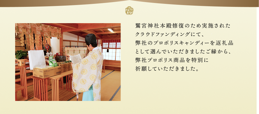 鷲宮神社本殿修復のため実施されたクラウドファンディングにて、弊社のプロポリスキャンディーを返礼品として選んでいただきましたご縁から、弊社プロポリス商品を特別に祈願していただきました。