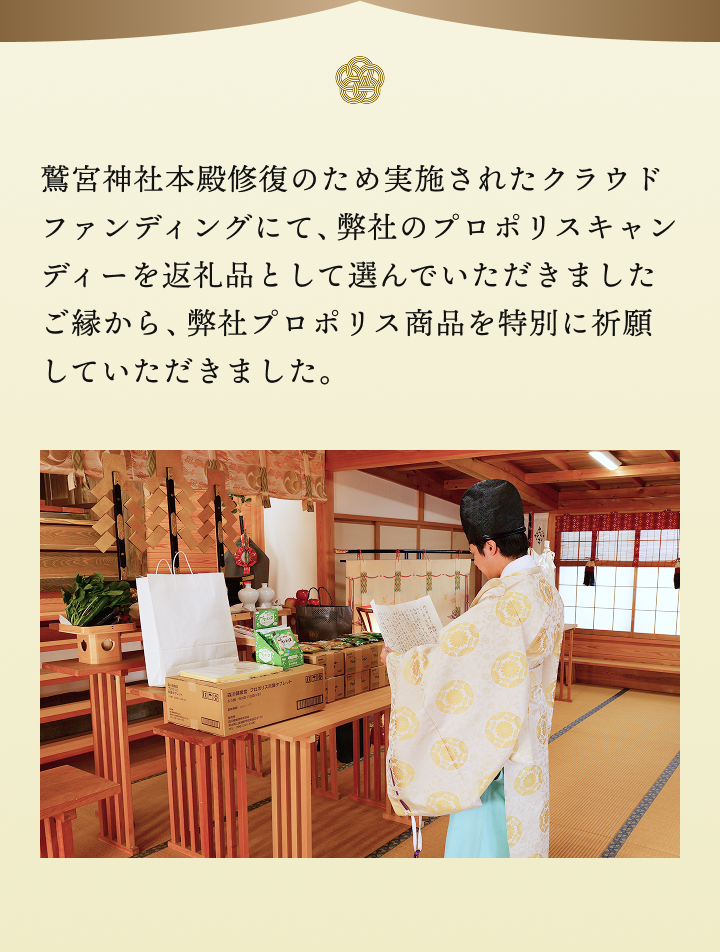 鷲宮神社本殿修復のため実施されたクラウドファンディングにて、弊社のプロポリスキャンディーを返礼品として選んでいただきましたご縁から、弊社プロポリス商品を特別に祈願していただきました。