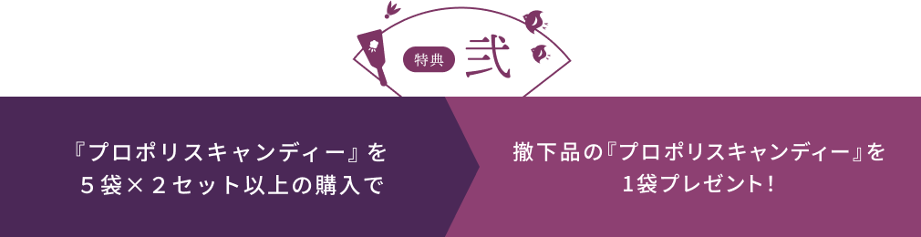 特典 弐 『プロポリスキャンディー』を５袋×２セット以上の購入で 撤下品の『プロポリスキャンディー』を1袋プレゼント！